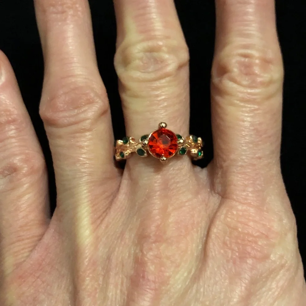 Gold Tone, Red, and Green Faux Gemstone Ring